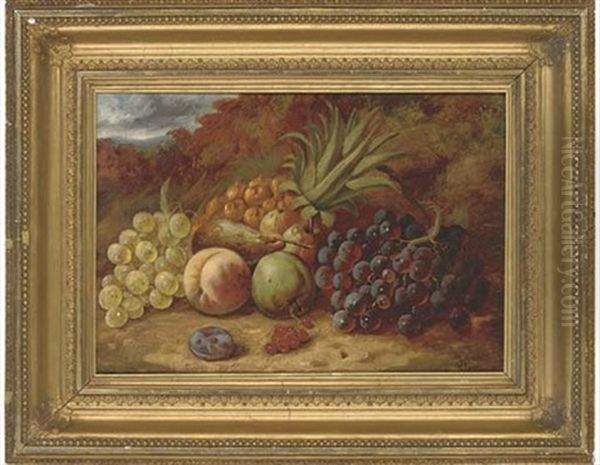 Grapes, Pineapple, Pear, Apples, Peach, Plum And Redcurrants, On A Mossy Bank Oil Painting by William Hughes