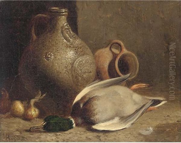 Still Life Of A Duck, Pots, And Garlic Oil Painting by William Hughes