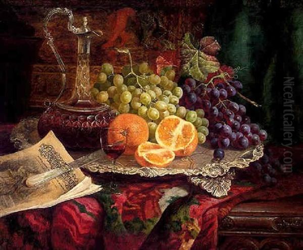 Grapes And Oranges On A Silver Salver, With A Decanter Of Red Wine On A Carved Ledge Oil Painting by William Hughes