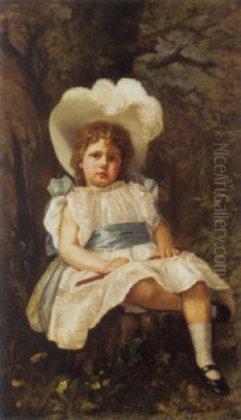 Portrait Of A Young Girl In A White Dress With Blue Trim Oil Painting by William Hughes