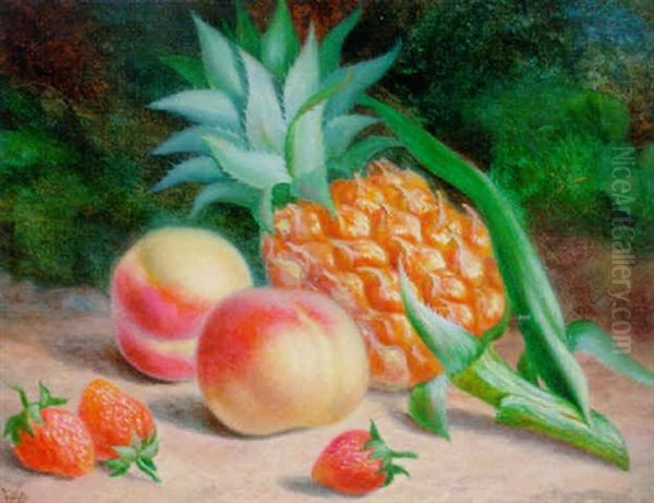 Peaches, Strawberries, And A Pineapple, On A Mossy Bank Oil Painting by William Hughes