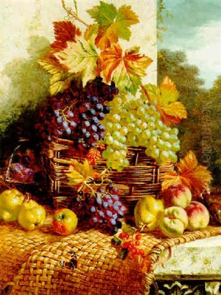 Still Life With Mixed Fruit In A Wicker Basket On A Stone Ledge Oil Painting by William Hughes