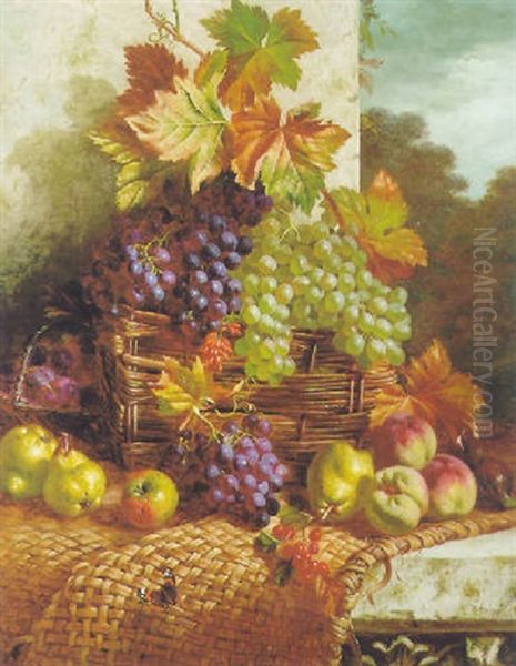 Still Life With Mixed Fruit In A Wicker Basket On A Stone Ledge Oil Painting by William Hughes