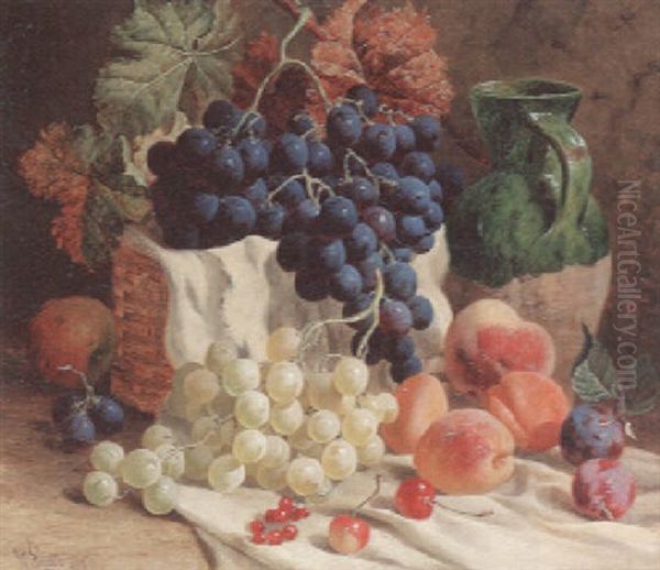 Fruit In A Draped Basket With A Water Jug Oil Painting by William Hughes