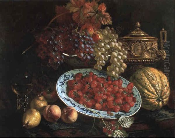 A Silver-gilt Cup, Strawberries And Other Fruit On Draped Table Oil Painting by William Hughes