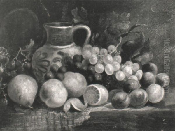 Still Life Of Fruit With A Jug On A Rush Matted Table Oil Painting by William Hughes