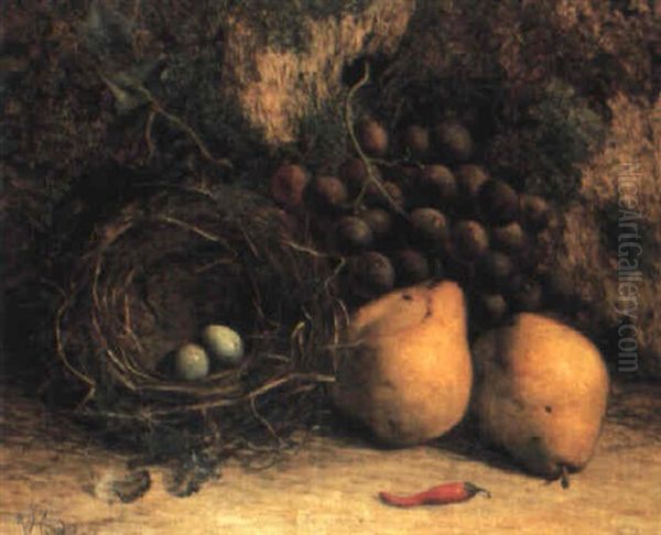 Fruit And A Bird's Nest On A Mossy Bank Oil Painting by William Hughes