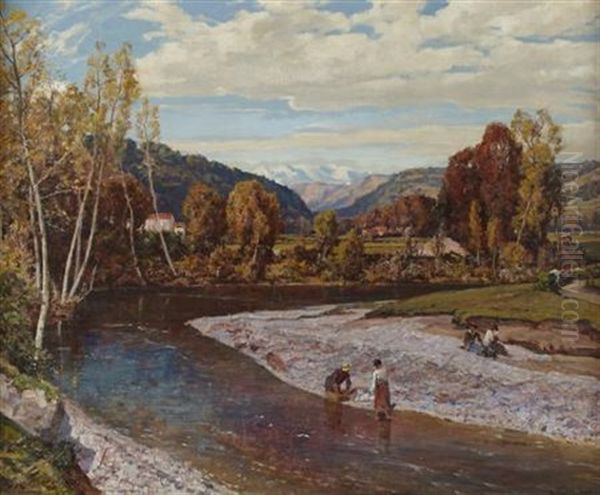 Washerwomen On The Banks Of A River, Italy Oil Painting by Sir Herbert Edwin Pelham Hughes-Stanton