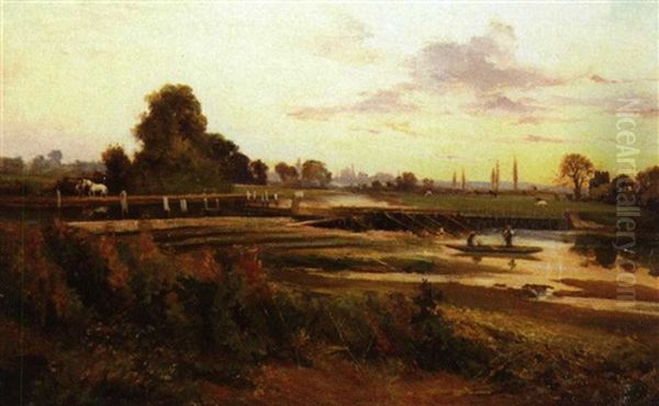 Langley On Thames Oil Painting by Sir Herbert Edwin Pelham Hughes-Stanton