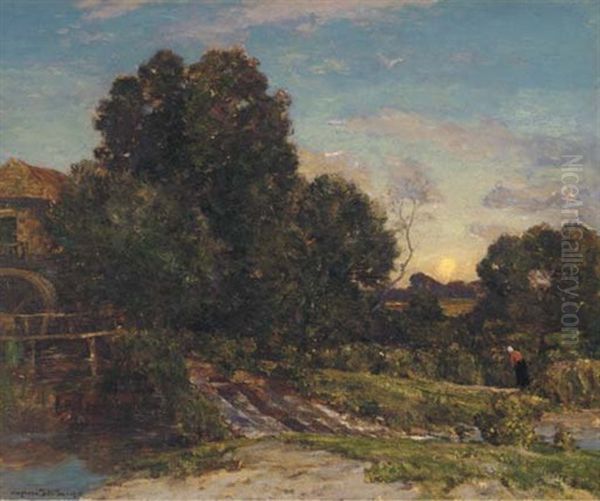 Moonrise, The Mill Oil Painting by Sir Herbert Edwin Pelham Hughes-Stanton