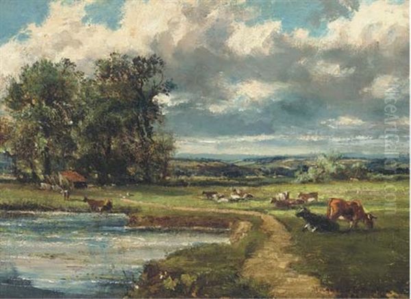 Cattle Grazing By A River Oil Painting by Sir Herbert Edwin Pelham Hughes-Stanton