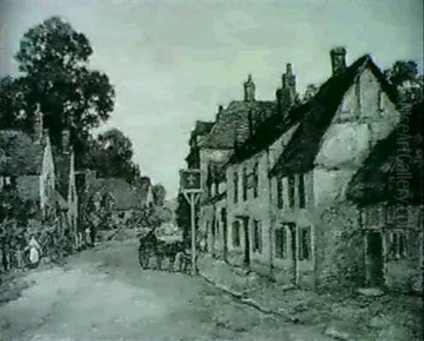 A Village Street Oil Painting by Sir Herbert Edwin Pelham Hughes-Stanton