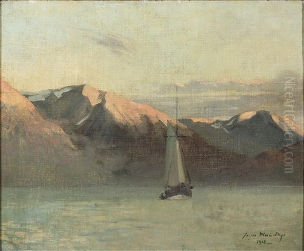 Voilier Sur Un Lac De Montagne Oil Painting by Georges-Victor Hugo