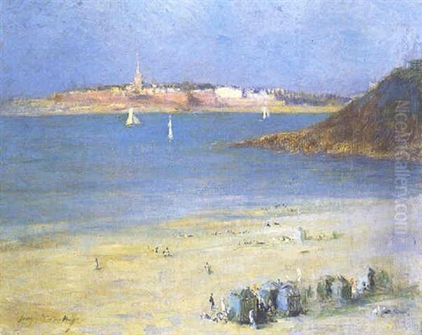 Vue De Saint Malo, Vu De La Plage De L'ecluse A Dinard Oil Painting by Georges-Victor Hugo