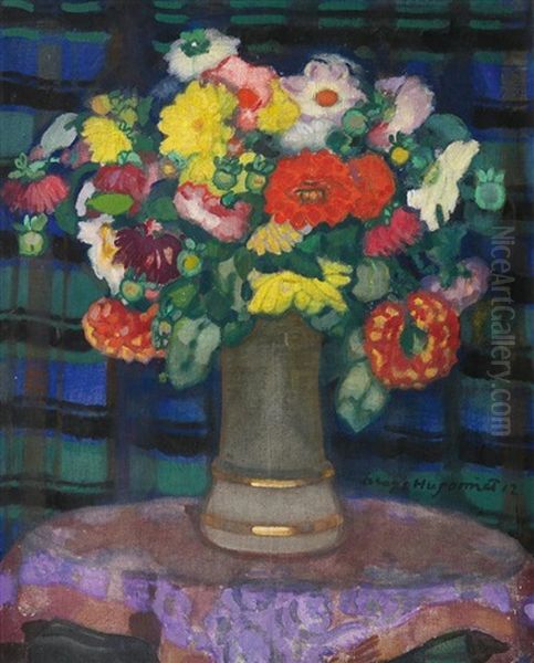 Blumenstillleben (+ Frau In Tracht, Study, Verso) Oil Painting by Aloys Hugonnet