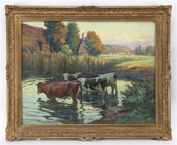 Cattle By River Oil Painting by Claude-Honore Hugrel