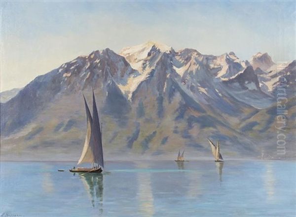 Bateau Sur Le Leman Devant Le Gramont Oil Painting by Fritz Huguenin