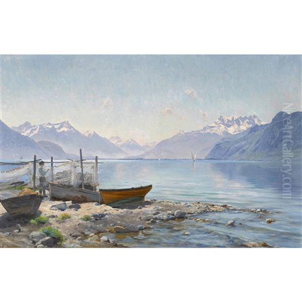 Lac Leman Pres De Vevey Oil Painting by Fritz Huguenin