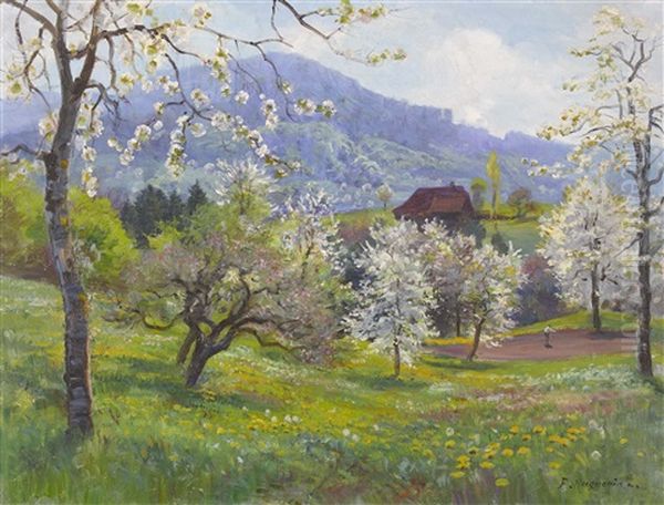 Cerisiers Fleuris Oil Painting by Fritz Huguenin