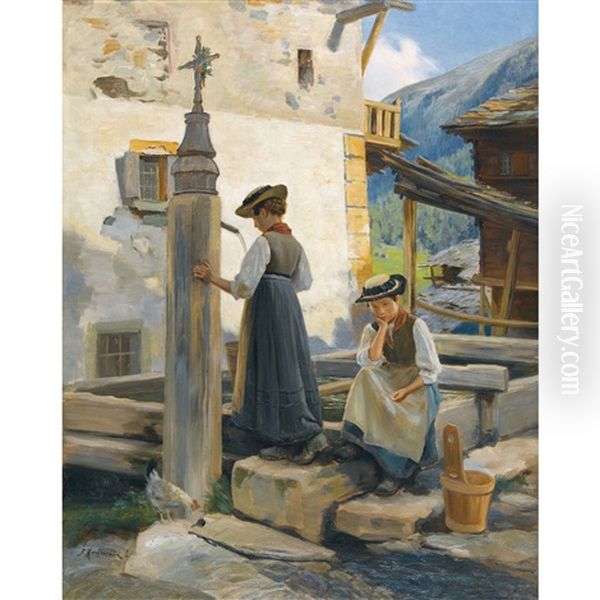 Valaisannes A La Fontaine Oil Painting by Fritz Huguenin