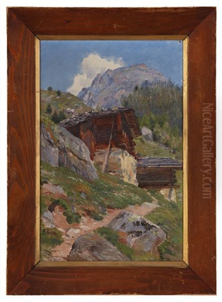 Chalet De La Lechere Finhaut (valais) Oil Painting by Fritz Huguenin