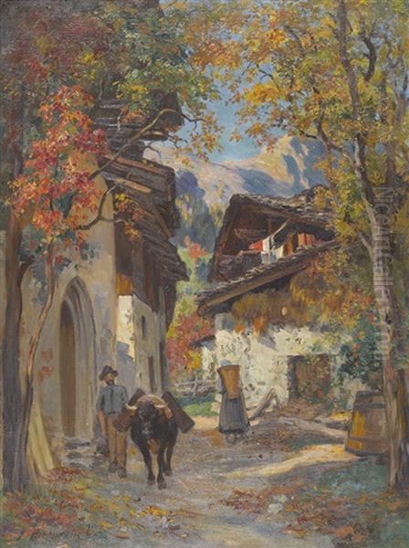 Herbstliche Walliser Dorfpartie Oil Painting by Fritz Huguenin