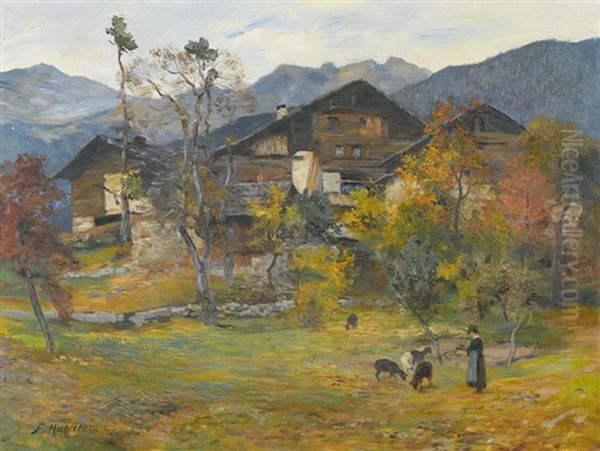 Herbstliche Walliser Landschaft Mit Ormone Oil Painting by Fritz Huguenin