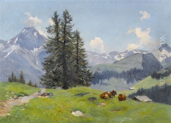 Weidende Kuhe Bei Adelboden Oil Painting by Fritz Huguenin