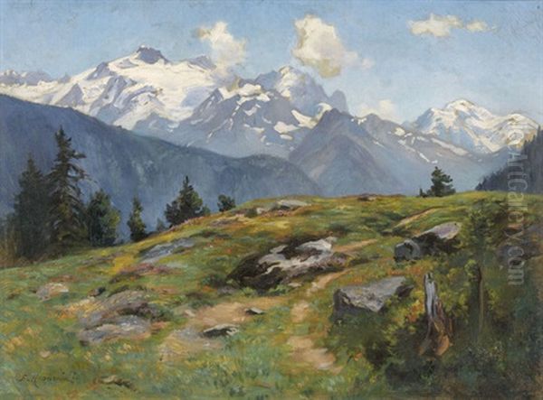 Walliser Bergansicht Oil Painting by Fritz Huguenin