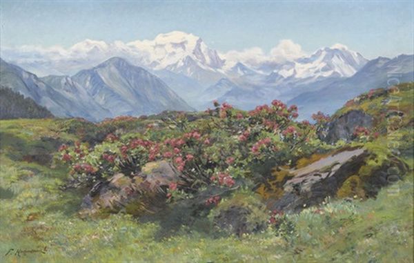 Sommerliche Alp Mit Blick Auf Den Mont-blanc Oil Painting by Fritz Huguenin