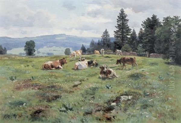 Sommerliche Wiesenlandschaft Mit Weidenden Kuhen Oil Painting by Fritz Huguenin