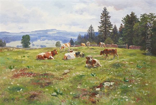 Troupeau De Vaches Dans Le Jura Oil Painting by Fritz Huguenin