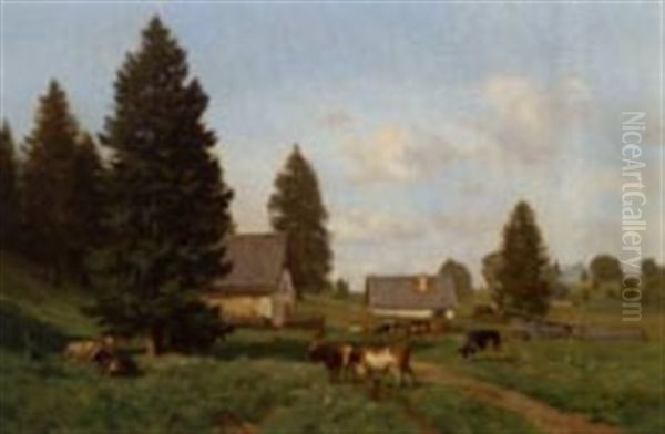 Paysage Avec Toupeau De Vaches Oil Painting by Fritz Huguenin