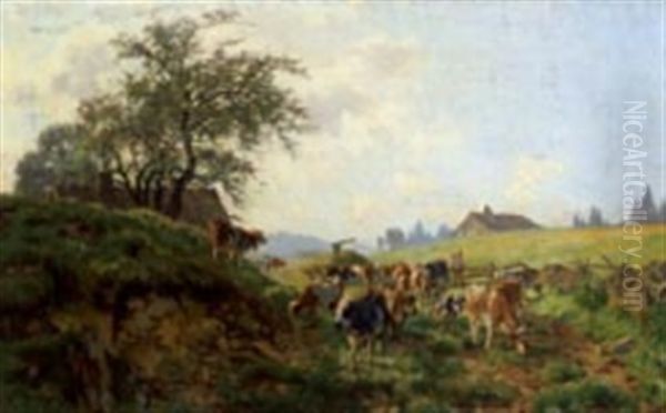 Paysage Avec Vaches Et Personnage Oil Painting by Fritz Huguenin