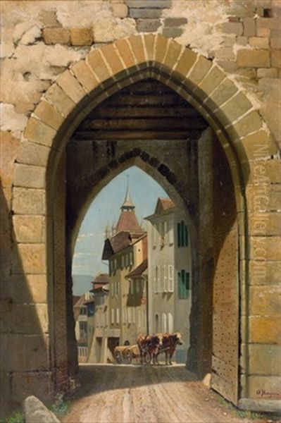 Vue D'une Porte D'estavayer Oil Painting by Oscar Huguenin