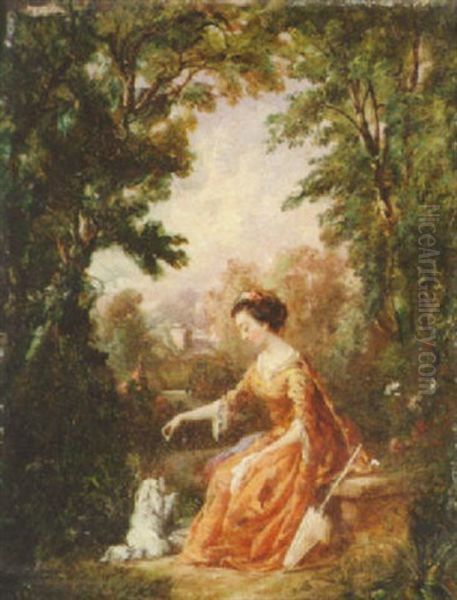 A Lady And Her Pet Dog In A Garden Oil Painting by Victor Louis Hugues