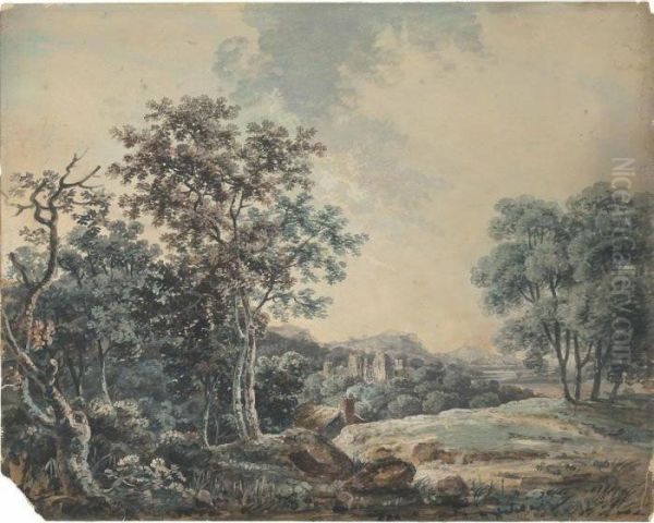 A Mountainous River Landscape; And A Ruined Castle In A Wooded Landscape Oil Painting by George Cuitt