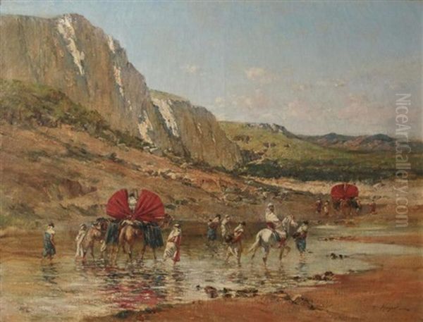 An Untitled Algerian Oasis Genre Scene Oil Painting by Victor Pierre Huguet