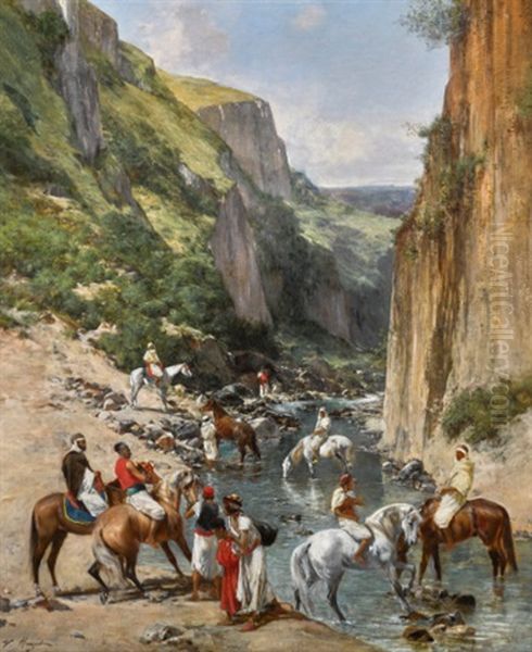 Riders In A Ravine Oil Painting by Victor Pierre Huguet