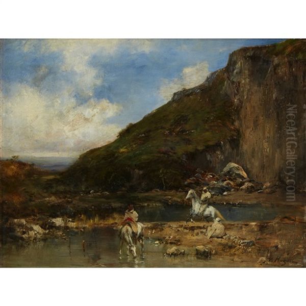 Horseman Stopping At A Stream Oil Painting by Victor Pierre Huguet