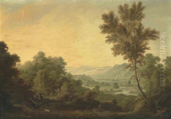 A Mountainous River Landscape With Hunters Carrying A Dear Oil Painting by George Cuitt