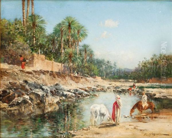 Cavaliers Dans L'oued De Bou-saada Oil Painting by Victor Pierre Huguet