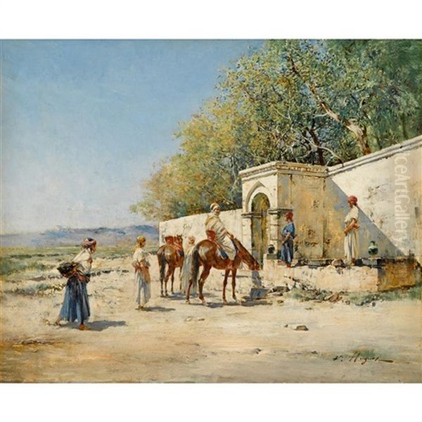 Travelers And Horses At Rest Oil Painting by Victor Pierre Huguet