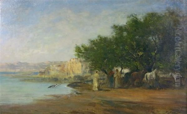 Chasse Aux Herons Sur Le Lac Fedzara Oil Painting by Victor Pierre Huguet