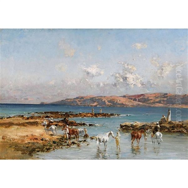 Cavaliers Arabes Au Bord De La Mer Oil Painting by Victor Pierre Huguet