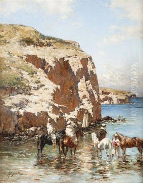 Cavaliers Au Bord De Mer Oil Painting by Victor Pierre Huguet