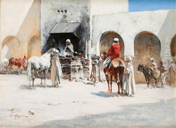 Cavaliers Sur La Place Du Village Oil Painting by Victor Pierre Huguet