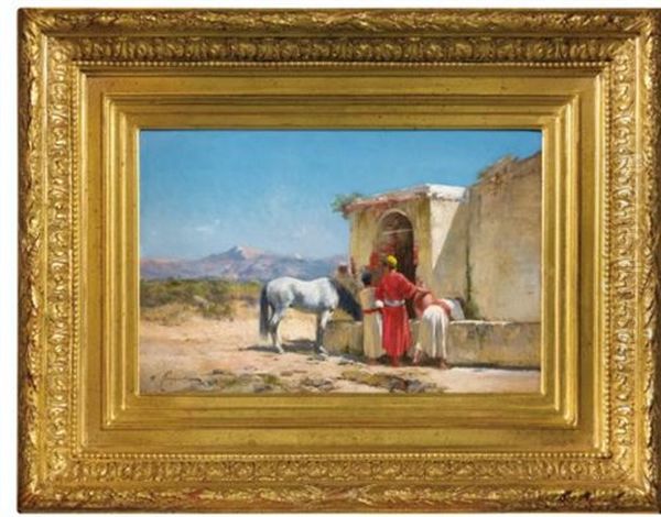 Cheval A La Fontaine Oil Painting by Victor Pierre Huguet