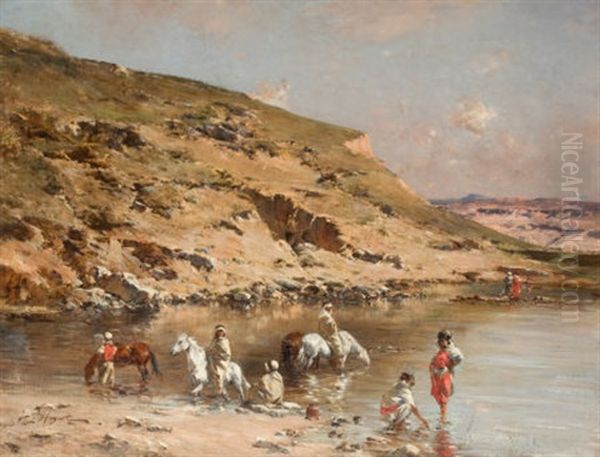 Baignade De Chevaux (algerian Caravan Bathing Horses Against A Rocky Landscape) Oil Painting by Victor Pierre Huguet