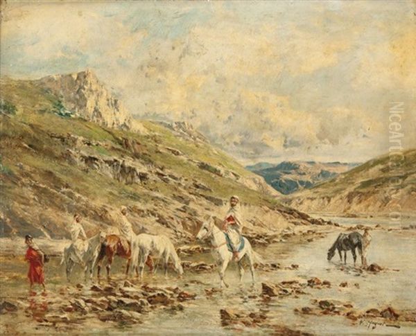 Cavaliers Traversant Un Oued Oil Painting by Victor Pierre Huguet